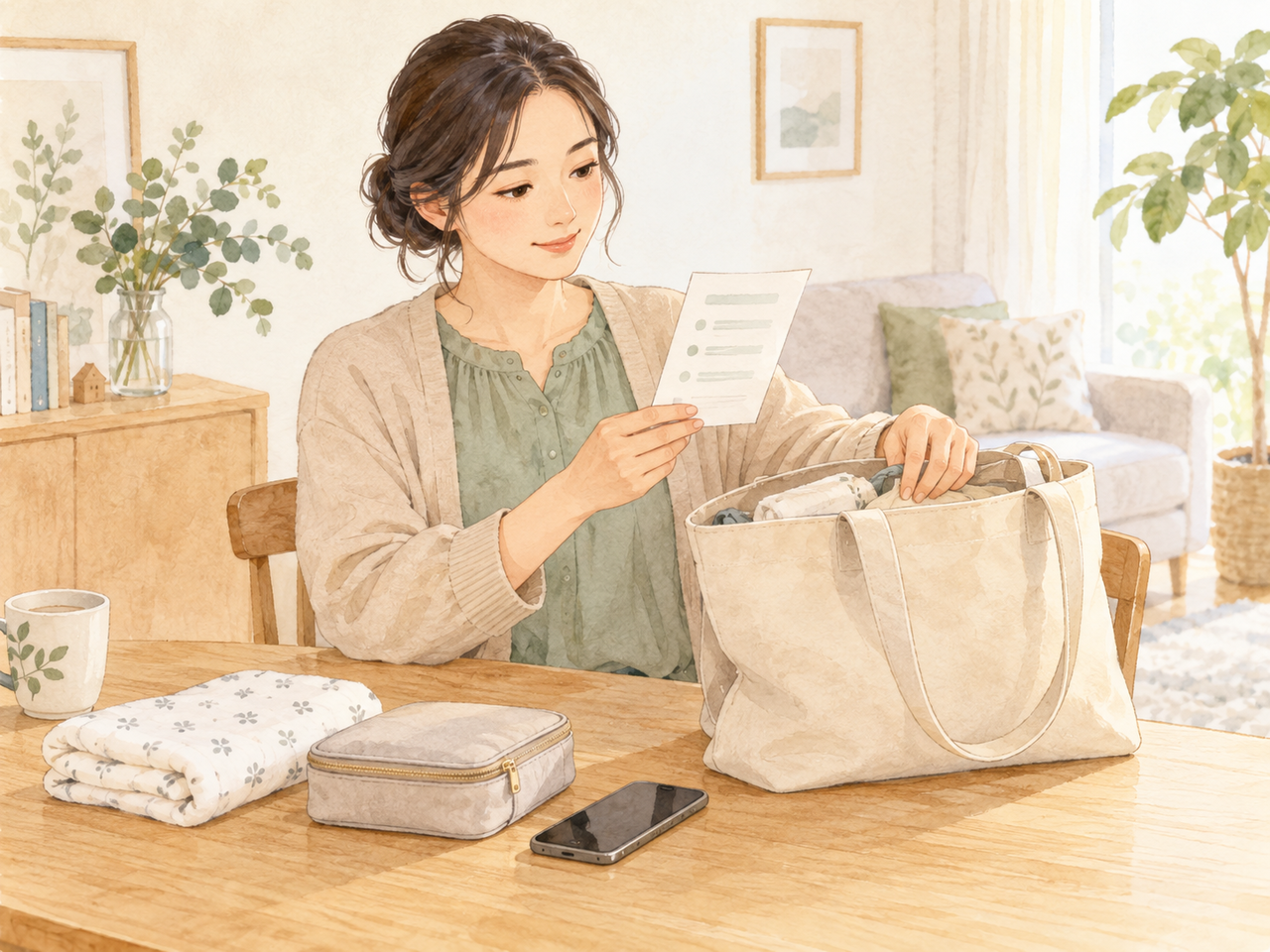 予約内容と必要な物を、前もって確認するイメージです。イラストは架空の場面です。