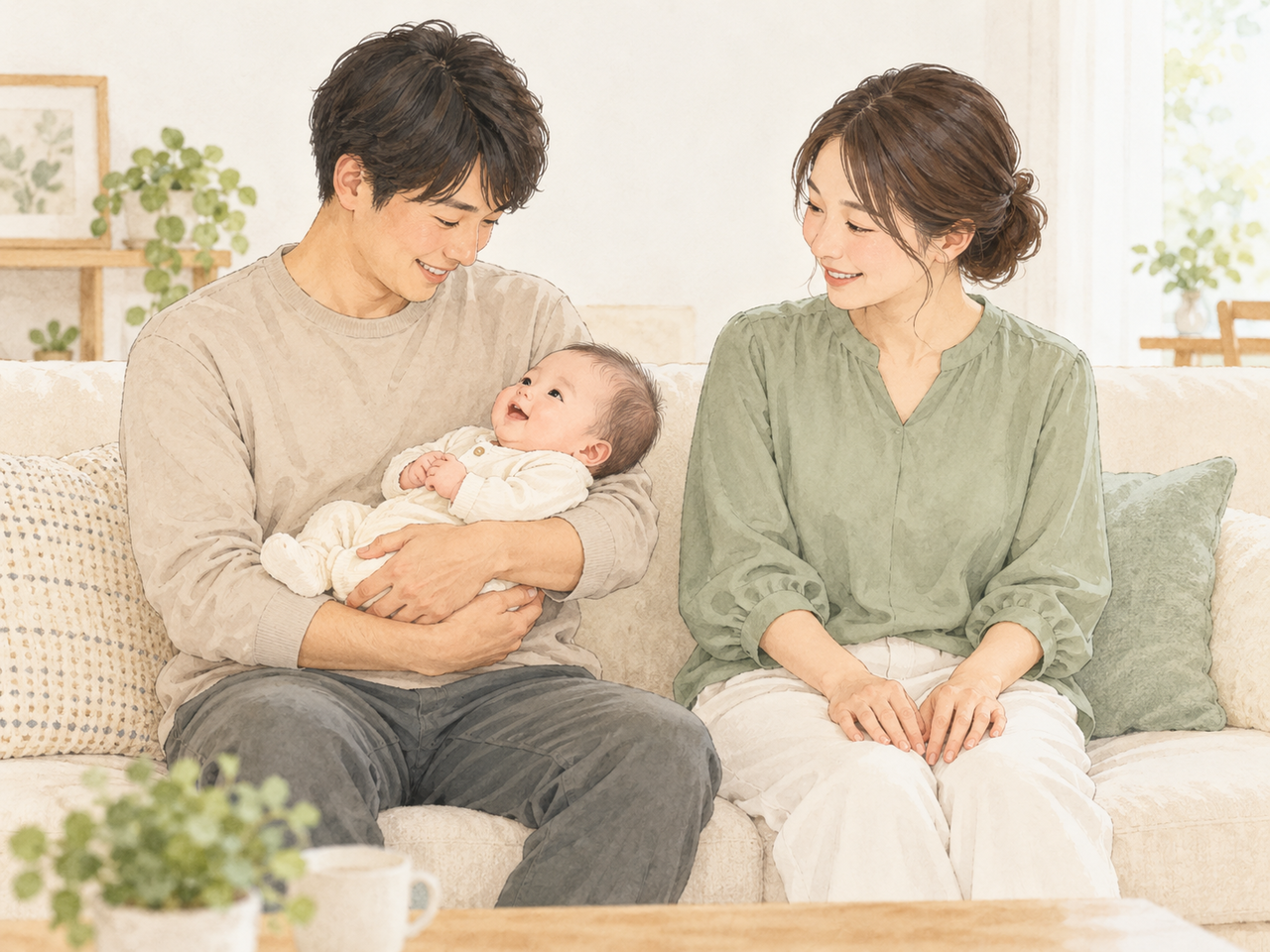 抱っこを家族と交代して、手を休める時間をつくるイメージです。イラストは架空の場面です。