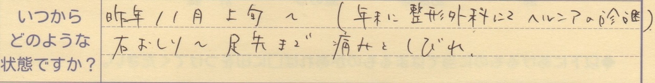 昨年11月上旬～(年末に整形外科にてヘルニアの診断) 右おしり～足先まで痛みとしびれ