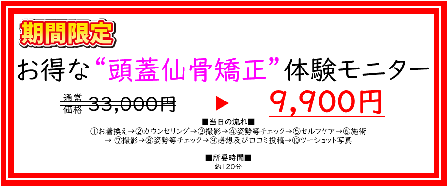 品川区の痩せる頭蓋仙骨矯正の体験モニター価格
