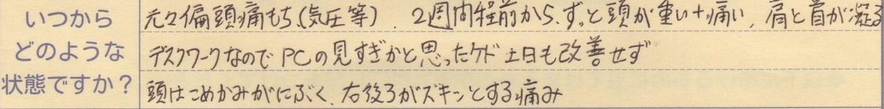 元々偏頭痛もち(気圧等)2週間程前からずっと頭が重い＋痛い、肩と首が凝る デスクワークなのでPCの見すぎかと思ったケド土日も改善せず 頭はこめかみがにぶく、右後ろがズキンとする痛み