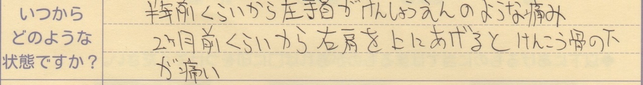 半年前くらいから左手首が腱鞘炎のような痛み 2ヵ月前くらいから右肩を上に上げると肩甲骨の下が痛い