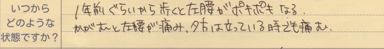 1年前ぐらいから歩くと左腰がポキポキなる かがむと左腰が痛み、夕方は立っている時でも痛む