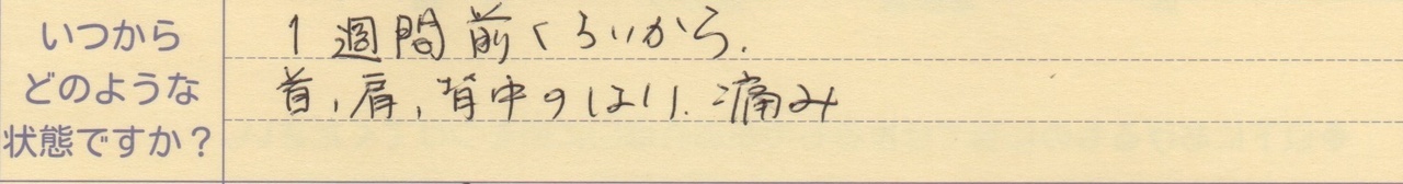 1週間前くらいから 首、肩、背中のはり、痛み