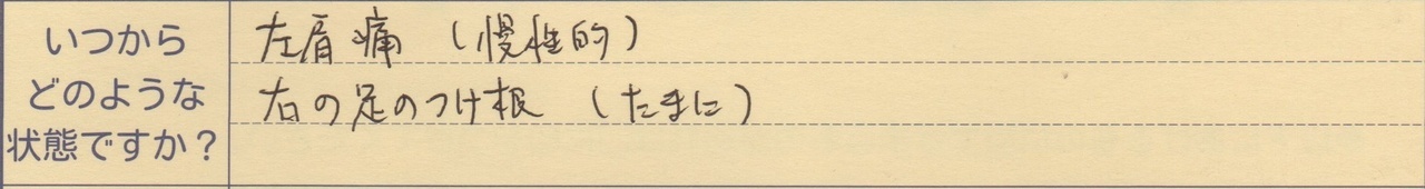 左肩痛(慢性的) 右の足のつけ根(たまに）