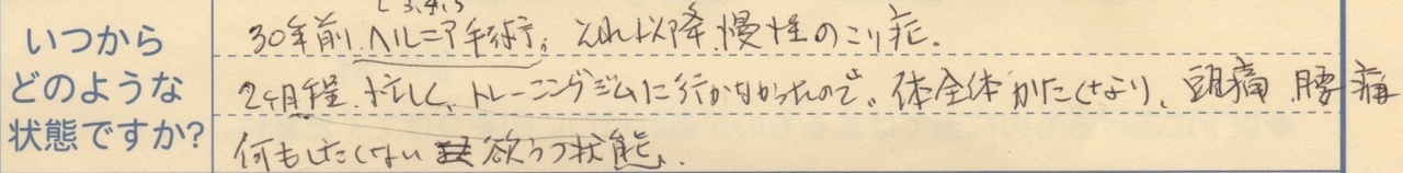 30年前ヘルニア手術、それ以降慢性のこり症 2ヵ月程忙しくトレーニングジムに行かなかったので体全体かたくなり 頭痛、腰痛、何もしたくない躁鬱状態