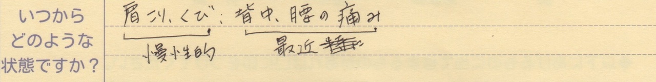 肩こり、くび(慢性的)背中、腰の痛み(最近)