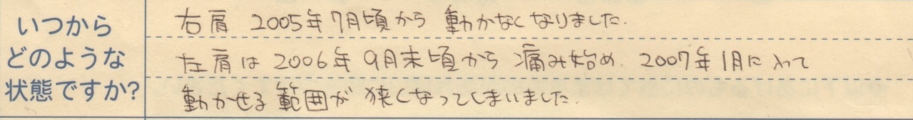 右肩2005年7月頃から動かなくなりました 左肩は2006年9月末頃から痛み始め2007年1月に入って 動かせる範囲が狭くなってしまいました