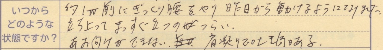 約1週間前にぎっくり腰をやり昨日から動けるようになりました 立ち上がってまっすぐ立つのがつらい 仰向けができない、肩凝りで吐き気がある