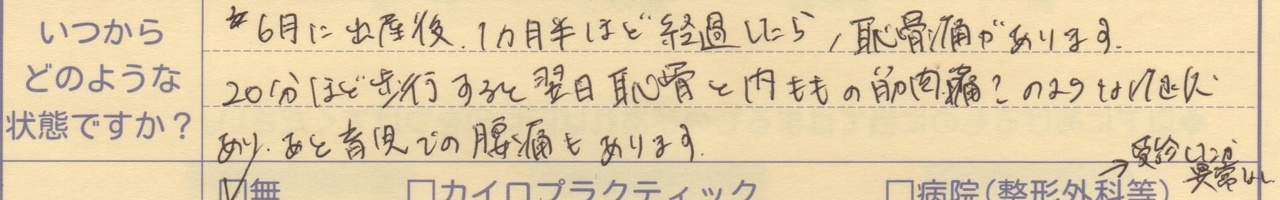 品川区北品川在住：女性：30代：公務員(育休中) 6月に出産後1ヵ月半ほど経過したら、恥骨痛があります。 20分ほど歩行すると翌日恥骨と内ももの筋肉痛？のような症状あり、 あと育児での腰痛もあります