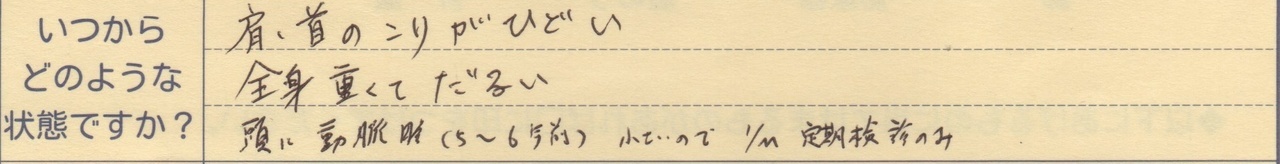 肩、首のこりがひどい 全身重くてだるい 頭に動脈瘤(5～6年前)小さいので1／M定位検診のみ