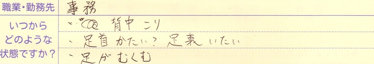 冨田勝リセットの臨床事例。背中のこり、足首硬い、足裏痛い、足がむくむ