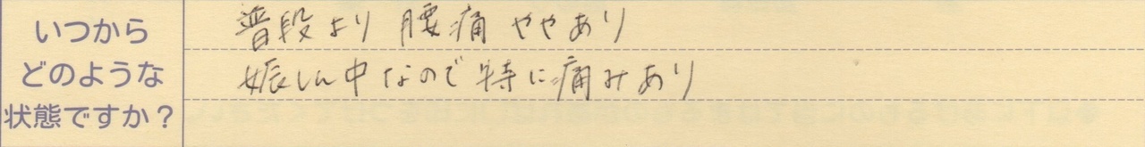 普段より腰痛ややあり 妊娠中なので特に痛みあり