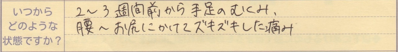 2～3週間前から手足のむくみ 腰からお尻にかけてズキズキした痛み