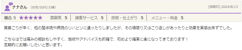 大田区　肩首こり　評判　口コミ