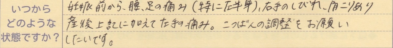 妊娠前から腰、足の痛み(特に左半身)右手のしびれ、肩こりあり 産後上記に加えて左手の痛み。骨盤の調整をお願いしたいです。