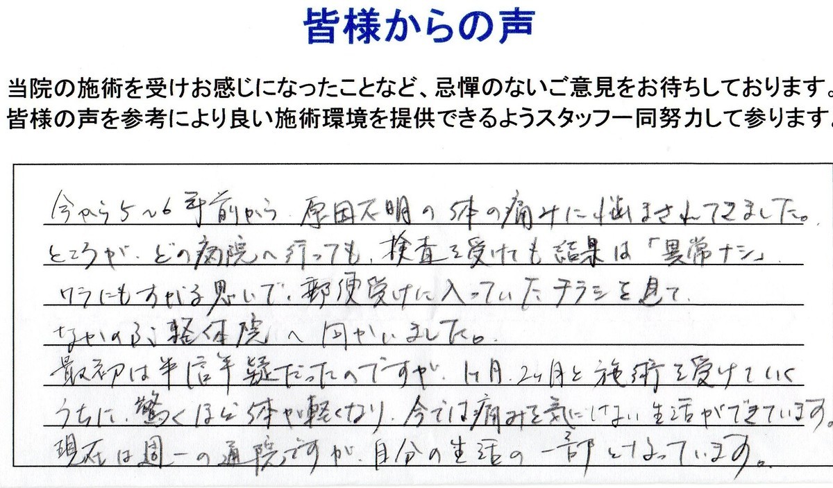 原因不明の体の痛み 大田区西馬込30代男性/会社員営業