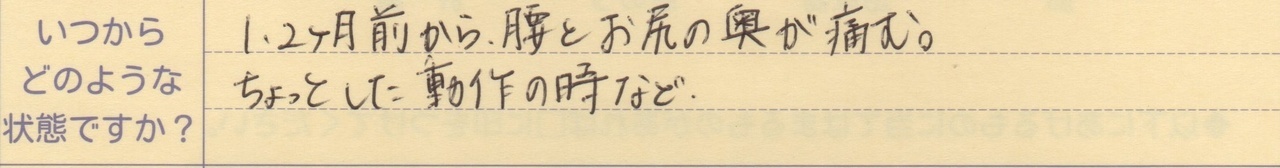 １、２ヵ月前から腰とお尻の奥が痛む。 ちょっとした動作の時など