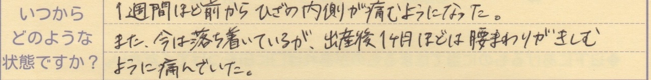 1週間ほど前からひざの内側が痛むようになった また今は落ち着いているが出産後1ヵ月ほどは腰まわりがきしむように痛んでいた